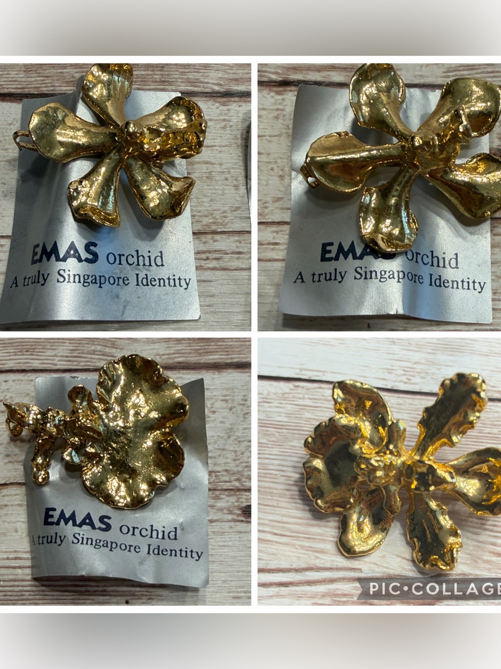4 EMAS Orchid Gold Plated Authentic Orchid Brooches / Pendants - Gold Floral Pin